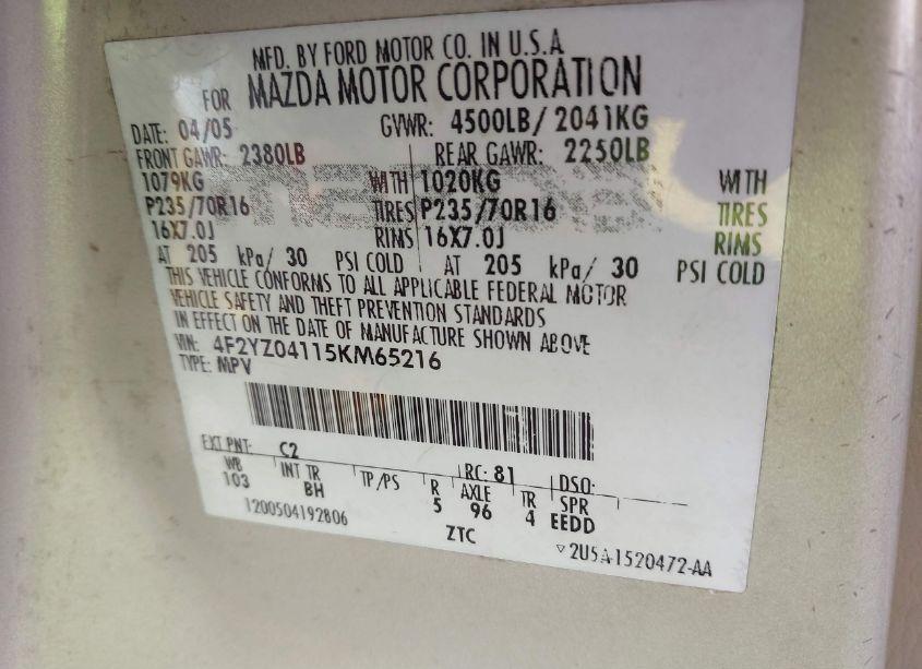 Photo 9 of 2005 Mazda Tribute S (VIN 4F2YZ04115KM65216)