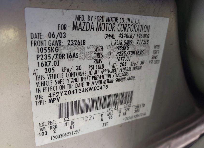 Photo 9 of 2004 Mazda Tribute LX V6 (VIN 4F2YZ04124KM03418)