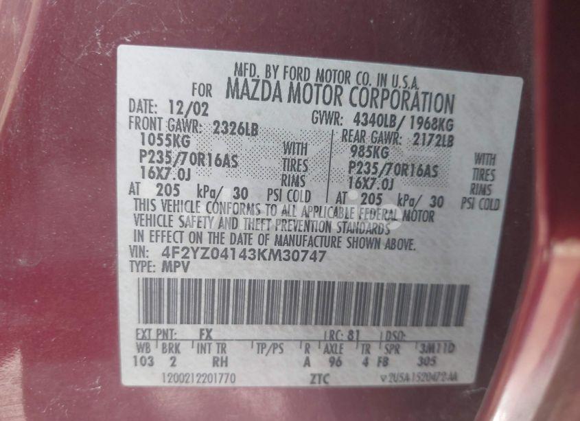 Photo 9 of 2003 Mazda Tribute LX V6 (VIN 4F2YZ04143KM30747)