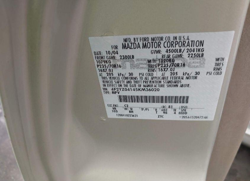 Photo 9 of 2005 Mazda Tribute S (VIN 4F2YZ04145KM36020)