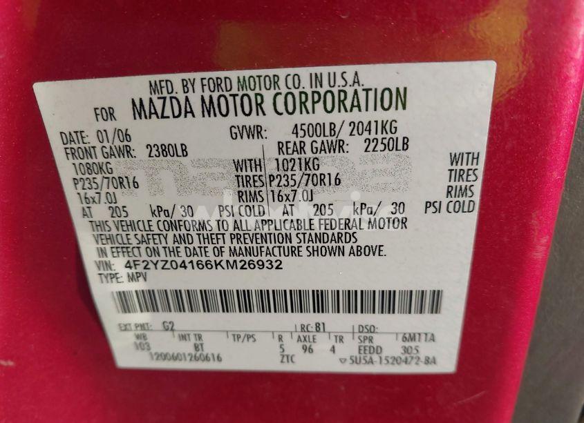 Photo 9 of 2006 Mazda Tribute S (VIN 4F2YZ04166KM26932)