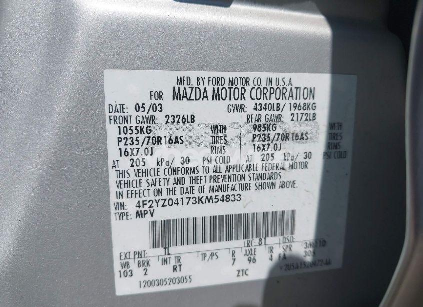 Photo 9 of 2003 Mazda Tribute LX V6 (VIN 4F2YZ04173KM54833)