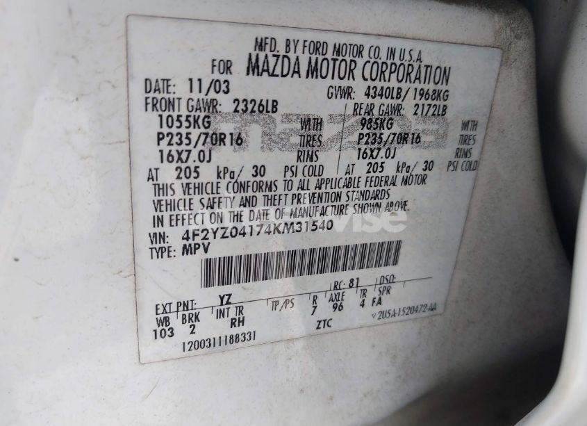 Photo 9 of 2004 Mazda Tribute LX V6 (VIN 4F2YZ04174KM31540)