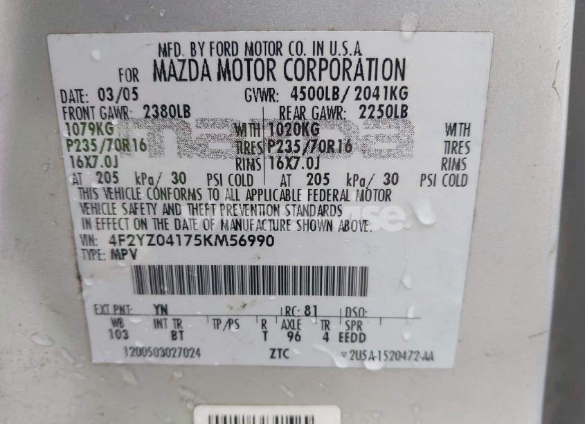 Photo 9 of 2005 Mazda Tribute S (VIN 4F2YZ04175KM56990)