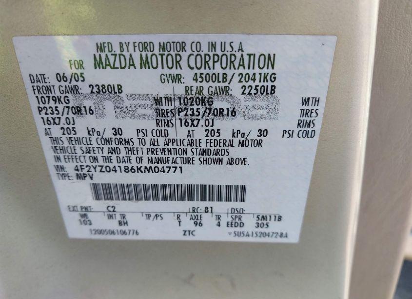 Photo 9 of 2006 Mazda Tribute S (VIN 4F2YZ04186KM04771)