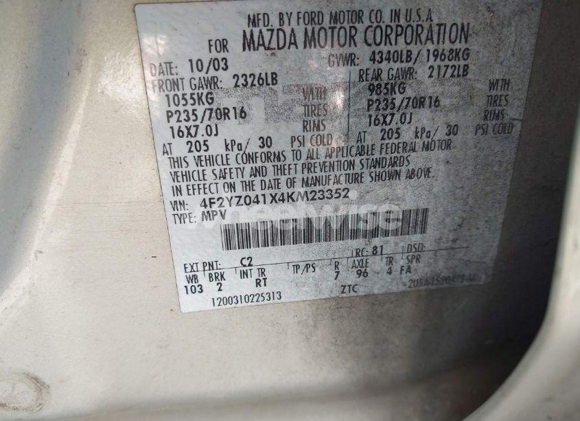 Photo 9 of 2004 Mazda Tribute LX V6 (VIN 4F2YZ041X4KM23352)