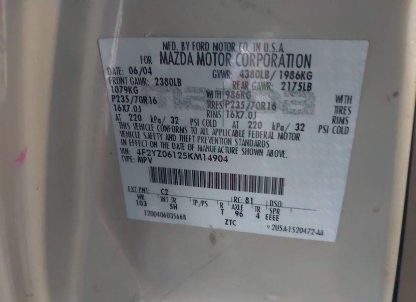 Photo 9 of 2005 Mazda Tribute S (VIN 4F2YZ06125KM14904)