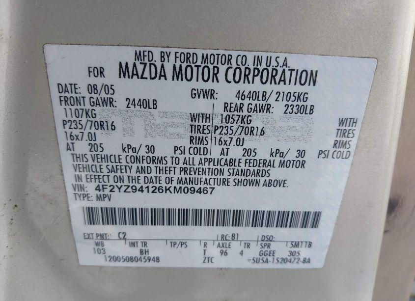 Photo 9 of 2006 Mazda Tribute S (VIN 4F2YZ94126KM09467)