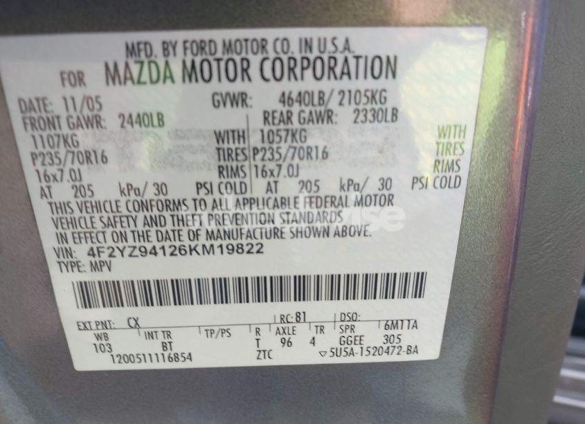 Photo 9 of 2006 Mazda Tribute S (VIN 4F2YZ94126KM19822)