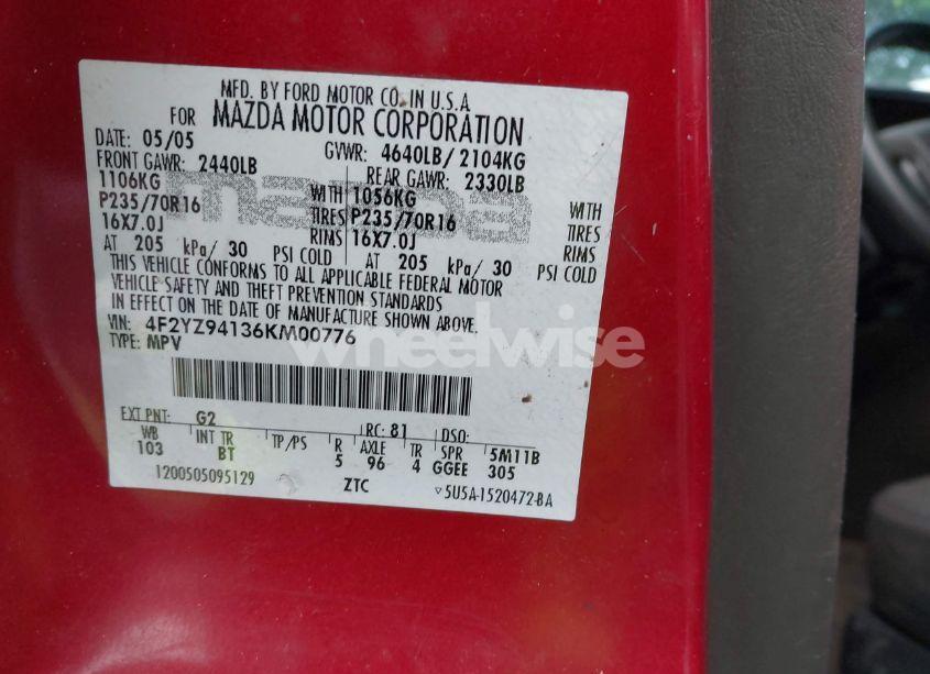 Photo 9 of 2006 Mazda Tribute S (VIN 4F2YZ94136KM00776)