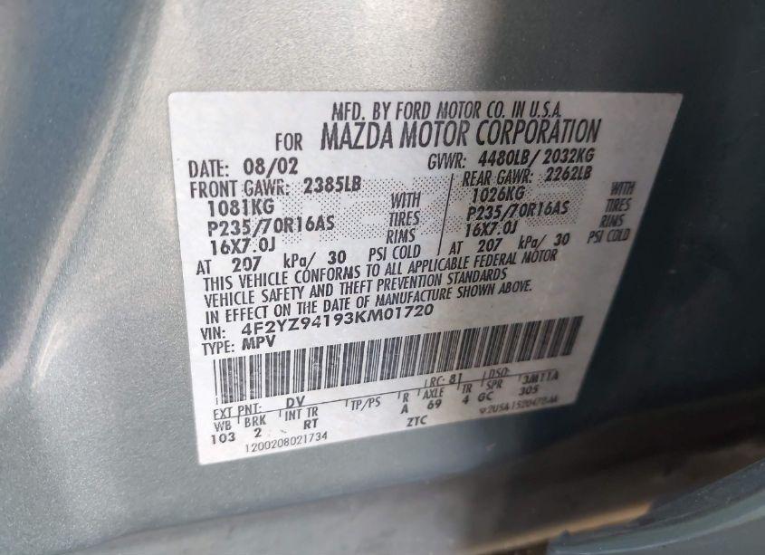 Photo 9 of 2003 Mazda Tribute LX V6 (VIN 4F2YZ94193KM01720)