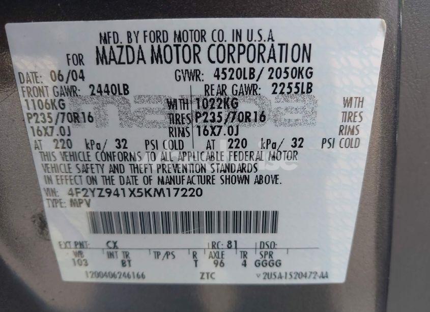 Photo 9 of 2005 Mazda Tribute S (VIN 4F2YZ941X5KM17220)