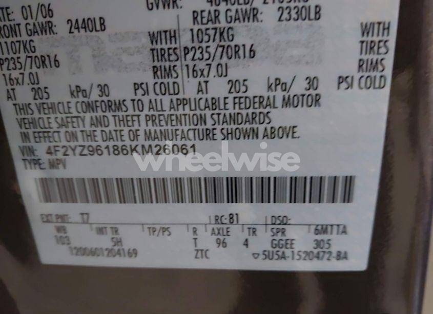 Photo 9 of 2006 Mazda Tribute S (VIN 4F2YZ96186KM26061)