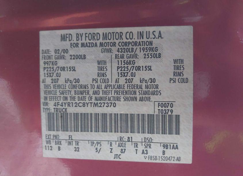 Photo 9 of 2000 Mazda B2500 SE/SX (VIN 4F4YR12C8YTM27370)