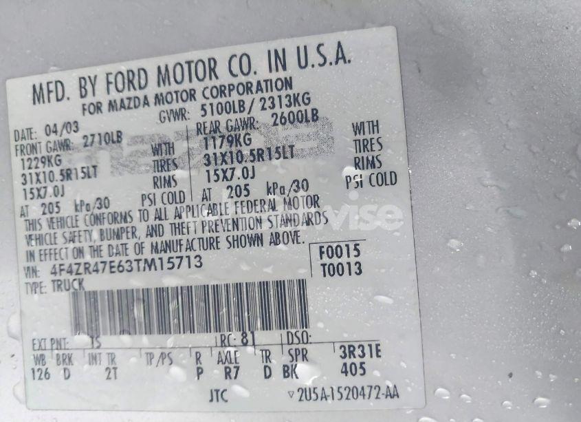 Photo 9 of 2003 Mazda B4000 SE (VIN 4F4ZR47E63TM15713)