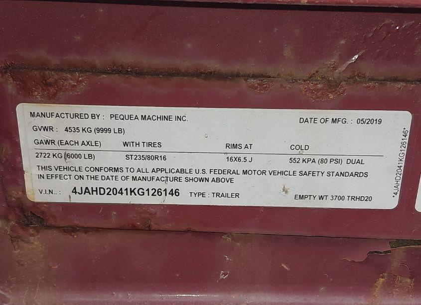 Photo 9 of 2019 Pequea 20' TRAILER (VIN 4JAHD2041KG126146)
