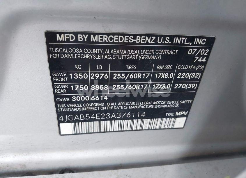 Photo 9 of 2003 Mercedes-benz Ml 320 (VIN 4JGAB54E23A376114)