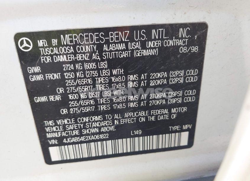 Photo 9 of 1999 Mercedes-benz Ml 320 (VIN 4JGAB54E2XA061822)