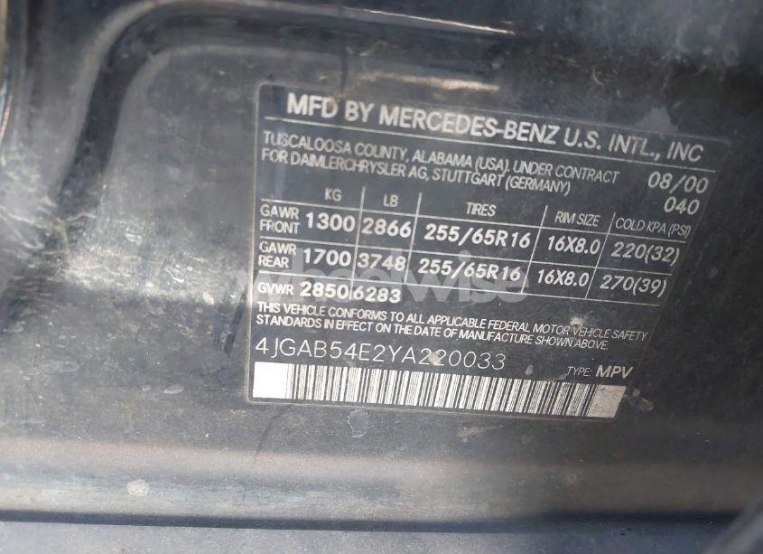 Photo 9 of 2000 Mercedes-benz Ml 320 (VIN 4JGAB54E2YA220033)