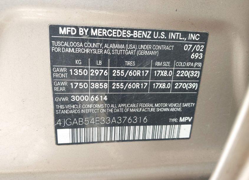 Photo 9 of 2003 Mercedes-benz Ml 320 (VIN 4JGAB54E33A376316)