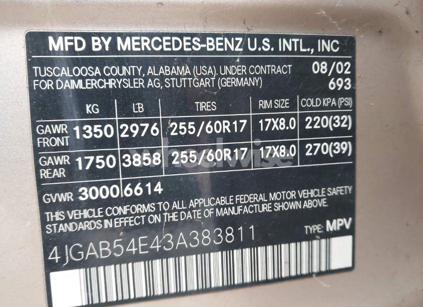 Photo 9 of 2003 Mercedes-benz Ml 320 (VIN 4JGAB54E43A383811)