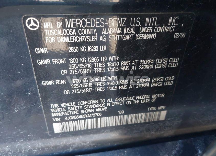 Photo 9 of 2000 Mercedes-benz Ml 320 (VIN 4JGAB54E5YA172706)