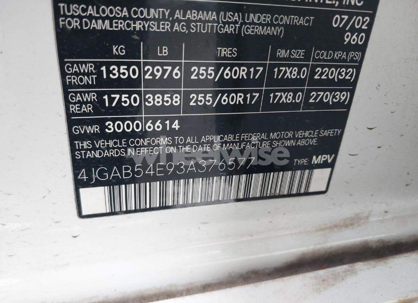 Photo 9 of 2003 Mercedes-benz Ml 320 (VIN 4JGAB54E93A376577)