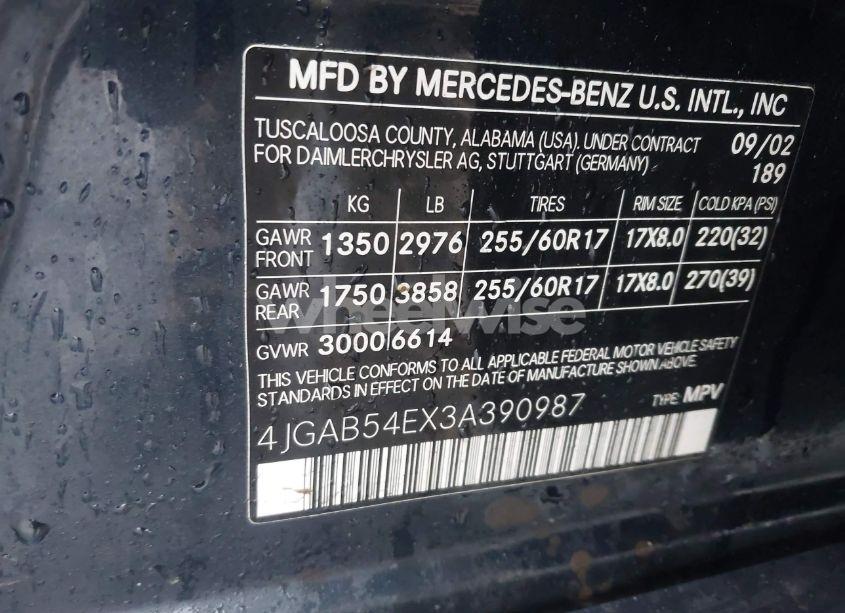 Photo 9 of 2003 Mercedes-benz Ml 320 (VIN 4JGAB54EX3A390987)