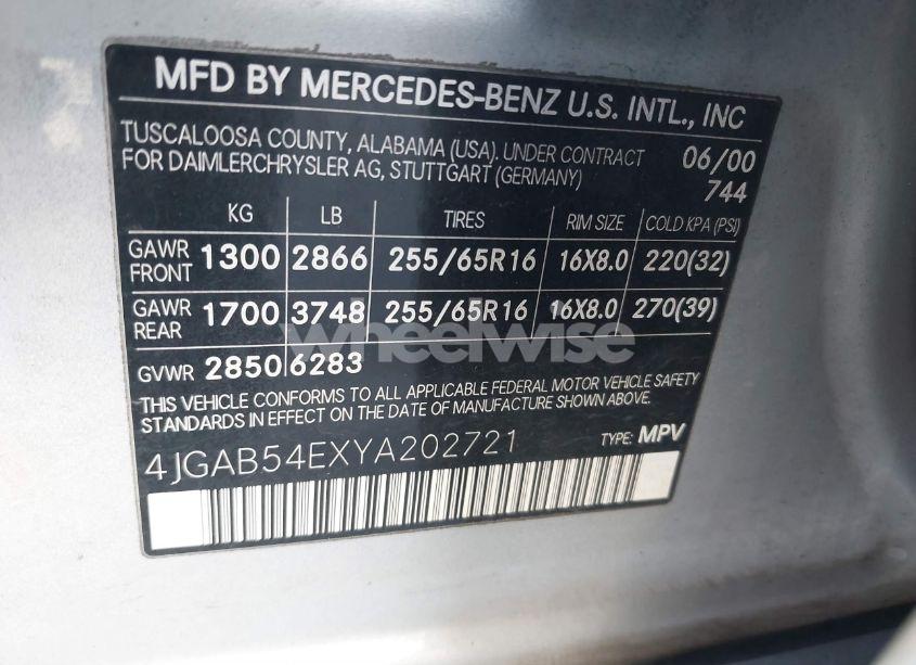 Photo 9 of 2000 Mercedes-benz Ml 320 (VIN 4JGAB54EXYA202721)