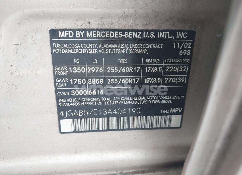 Photo 9 of 2003 Mercedes-benz Ml 350 (VIN 4JGAB57E13A404190)