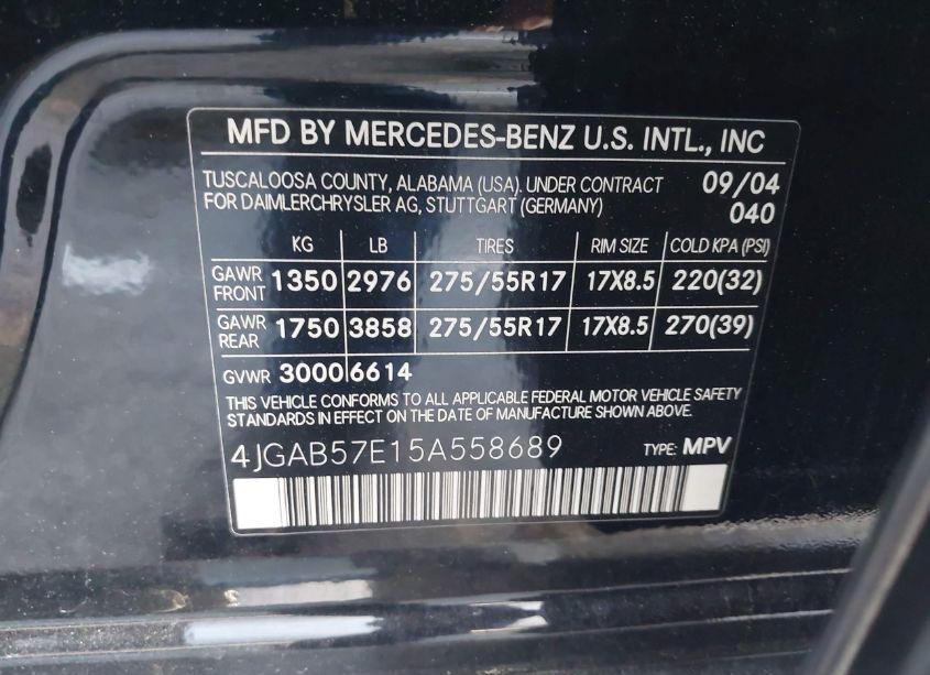 Photo 9 of 2005 Mercedes-benz Ml 350 4MATIC (VIN 4JGAB57E15A558689)