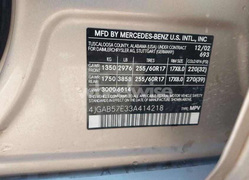 Photo 9 of 2003 Mercedes-benz Ml 350 (VIN 4JGAB57E33A414218)