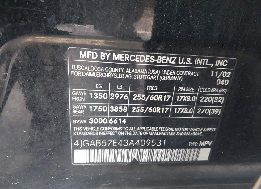 Photo 9 of 2003 Mercedes-benz Ml 350 (VIN 4JGAB57E43A409531)