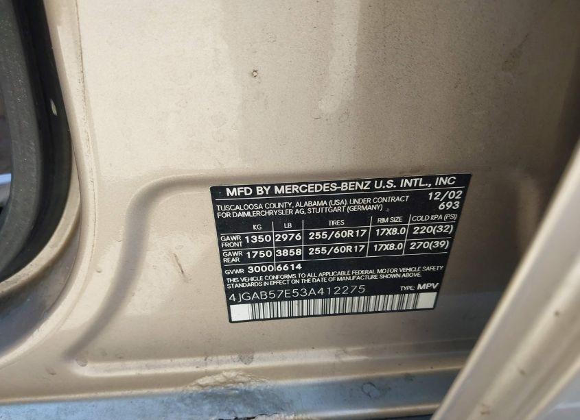 Photo 9 of 2003 Mercedes-benz Ml 350 (VIN 4JGAB57E53A412275)