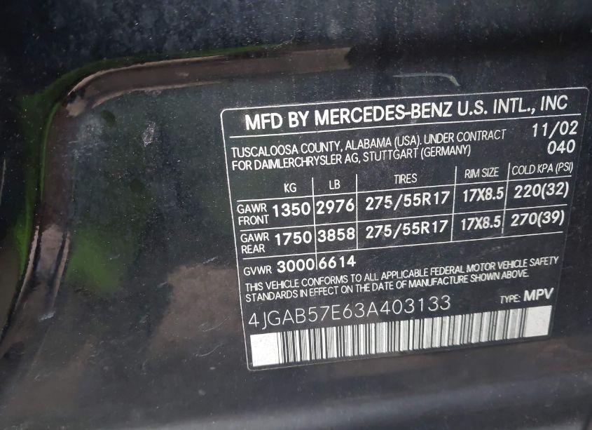 Photo 9 of 2003 Mercedes-benz Ml 350 (VIN 4JGAB57E63A403133)