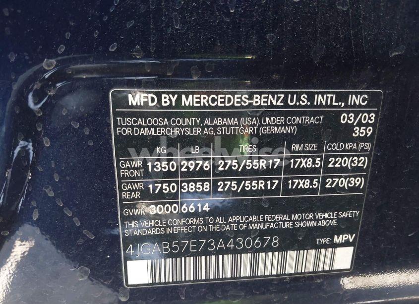 Photo 9 of 2003 Mercedes-benz Ml 350 (VIN 4JGAB57E73A430678)