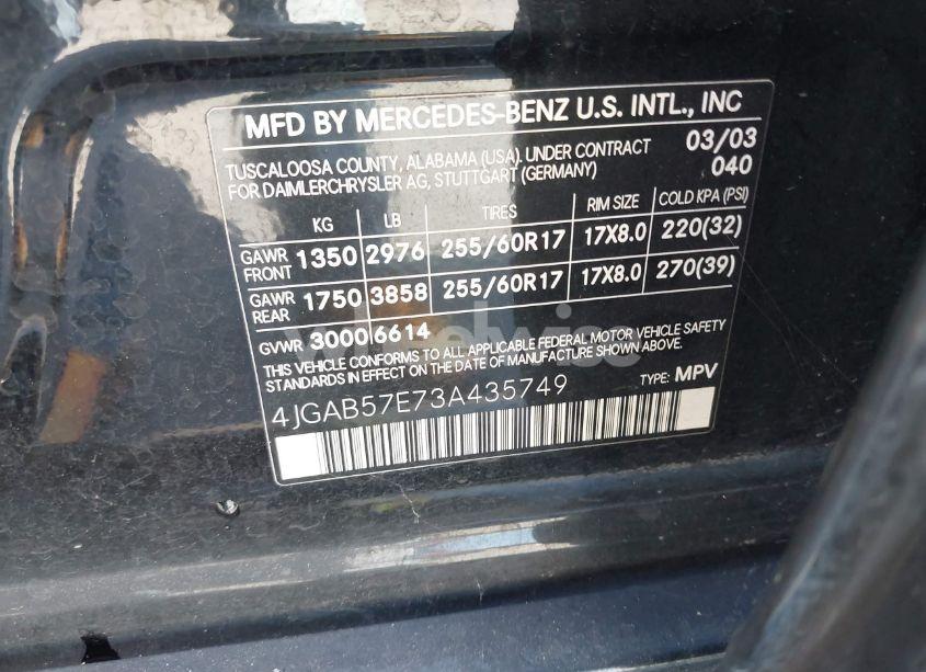 Photo 9 of 2003 Mercedes-benz Ml 350 (VIN 4JGAB57E73A435749)