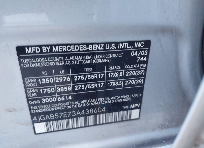 Photo 9 of 2003 Mercedes-benz Ml 350 (VIN 4JGAB57E73A438604)