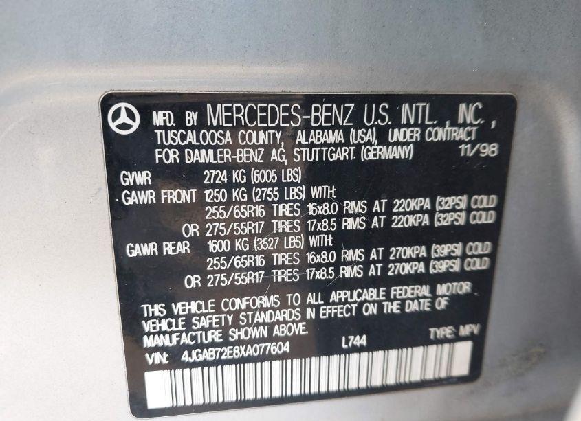 Photo 9 of 1999 Mercedes-benz Ml 430 (VIN 4JGAB72E8XA077604)