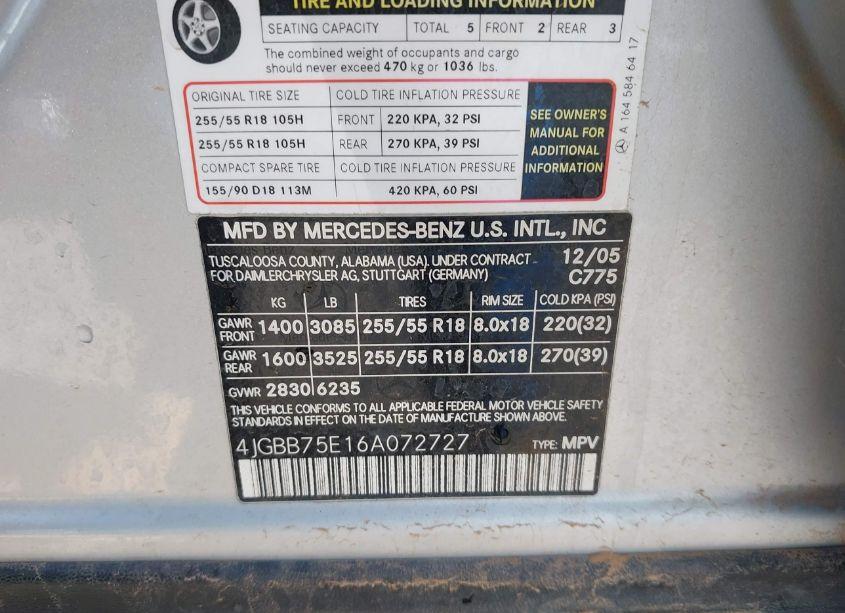 Photo 9 of 2006 Mercedes-benz Ml 500 4MATIC (VIN 4JGBB75E16A072727)