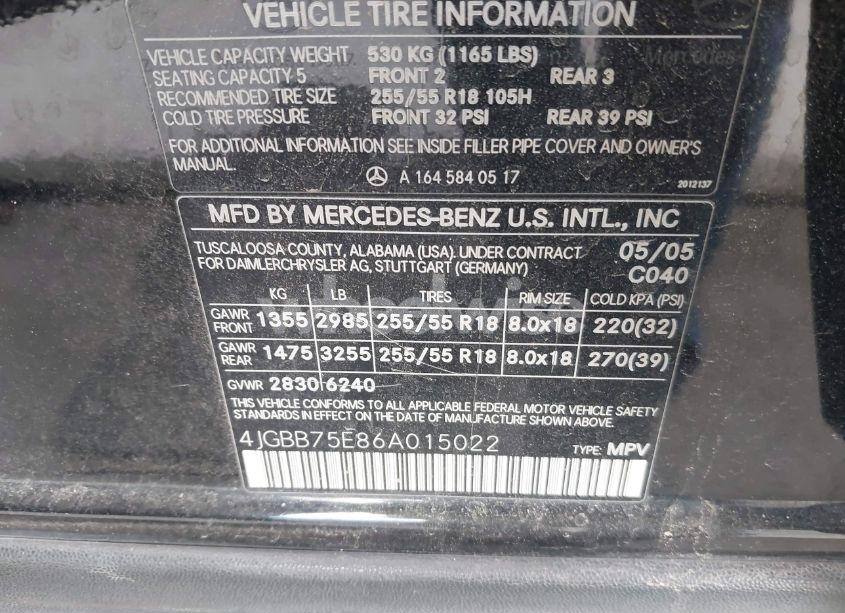 Photo 9 of 2006 Mercedes-benz Ml 500 4MATIC (VIN 4JGBB75E86A015022)