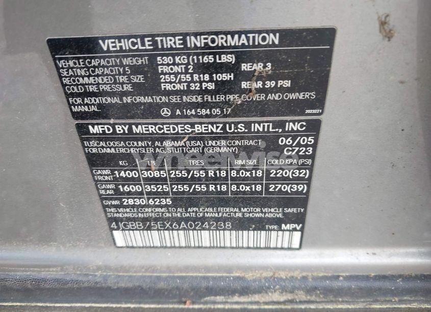 Photo 9 of 2006 Mercedes-benz Ml 500 4MATIC (VIN 4JGBB75EX6A024238)