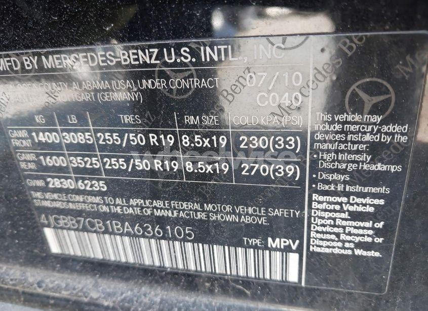 Photo 9 of 2011 Mercedes-benz Ml 550 4MATIC (VIN 4JGBB7CB1BA636105)