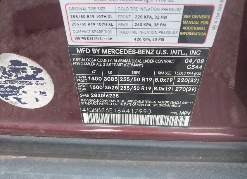 Photo 9 of 2008 Mercedes-benz Ml 350 4MATIC (VIN 4JGBB86E18A417990)