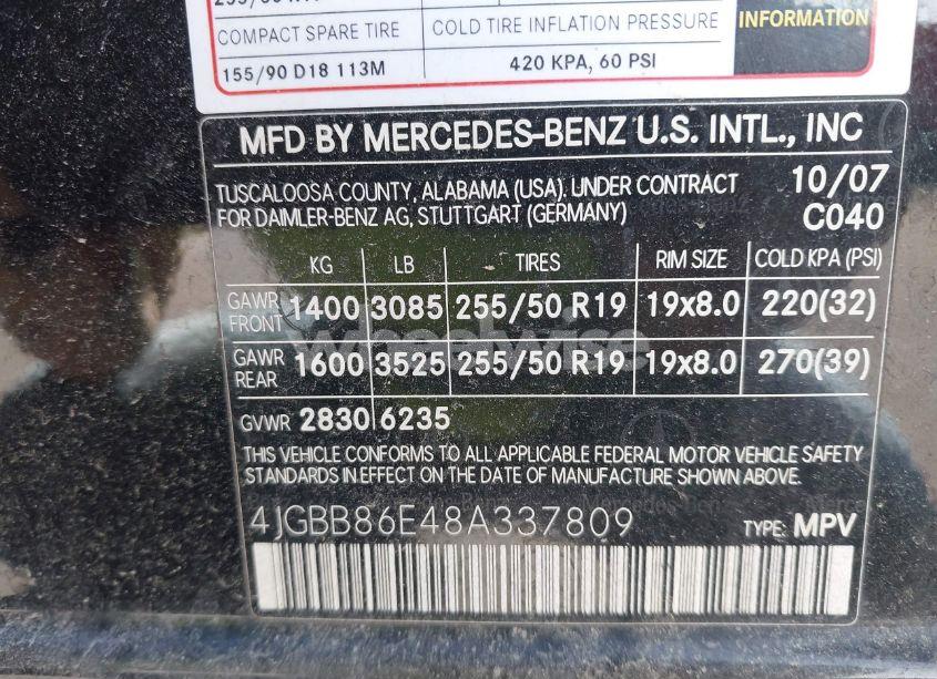 Photo 9 of 2008 Mercedes-benz Ml 350 4MATIC (VIN 4JGBB86E48A337809)