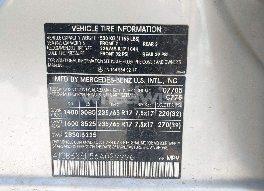 Photo 9 of 2006 Mercedes-benz Ml 350 4MATIC (VIN 4JGBB86E56A029996)