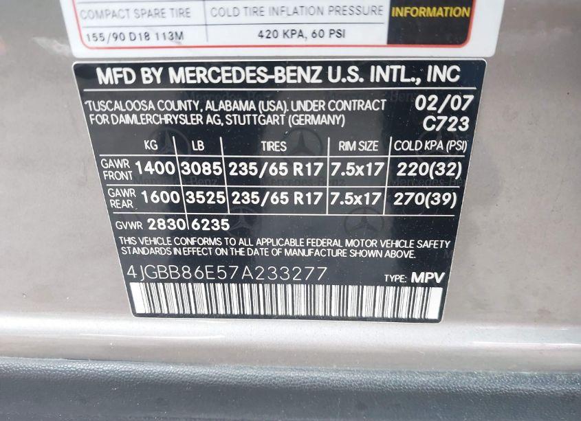 Photo 9 of 2007 Mercedes-benz Ml 350 4MATIC (VIN 4JGBB86E57A233277)