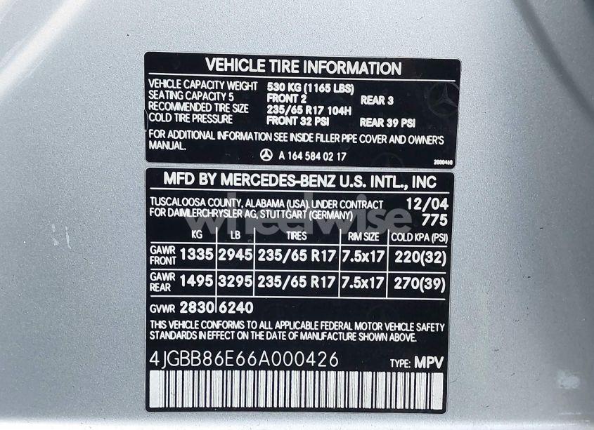 Photo 9 of 2006 Mercedes-benz Ml 350 4MATIC (VIN 4JGBB86E66A000426)