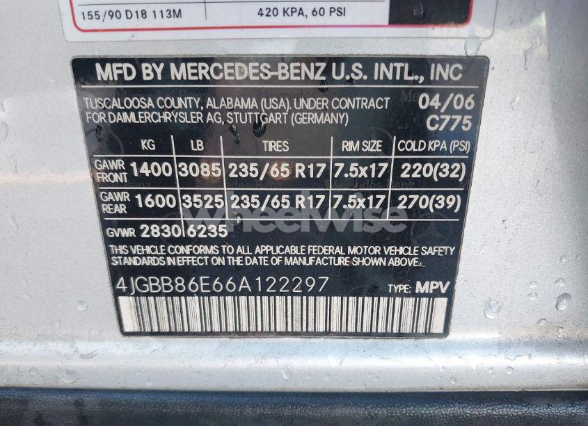 Photo 9 of 2006 Mercedes-benz Ml 350 4MATIC (VIN 4JGBB86E66A122297)