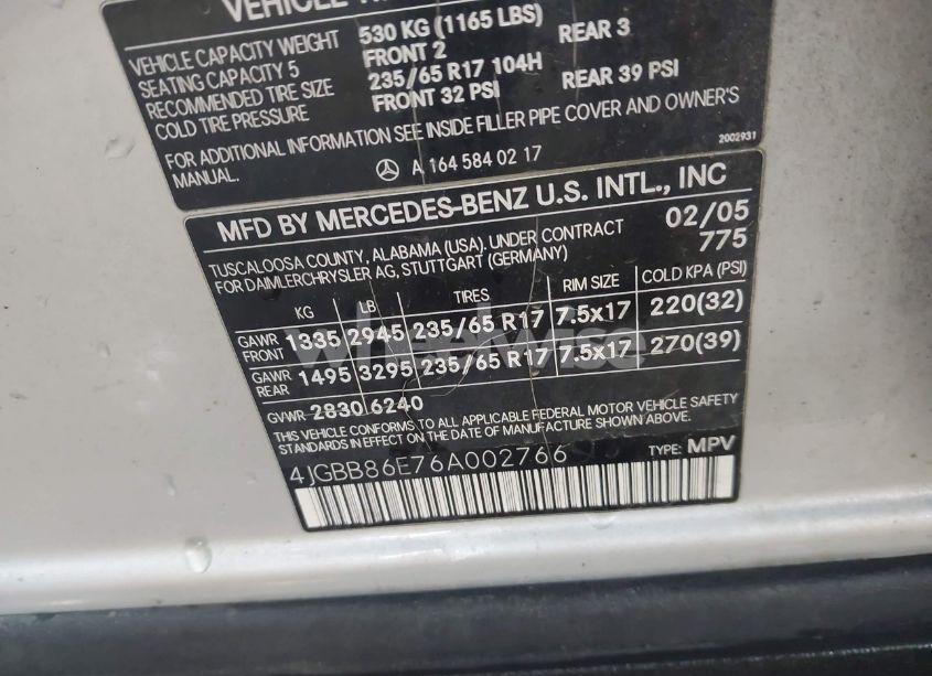 Photo 9 of 2006 Mercedes-benz Ml 350 4MATIC (VIN 4JGBB86E76A002766)